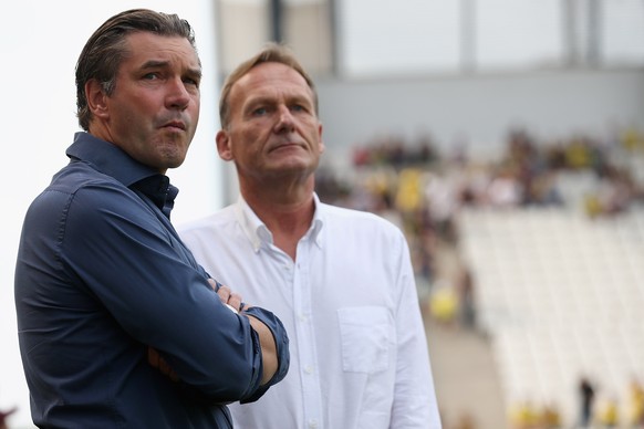 ESSEN, GERMANY - JULY 27: (L-R) Manager Michel Zorc and chairman Hans-Joachim Watzke of Dortmund are senn prior to the friendly match between Rot Weiss Essen and Borussia Dortmund at Stadion Essen on  ...