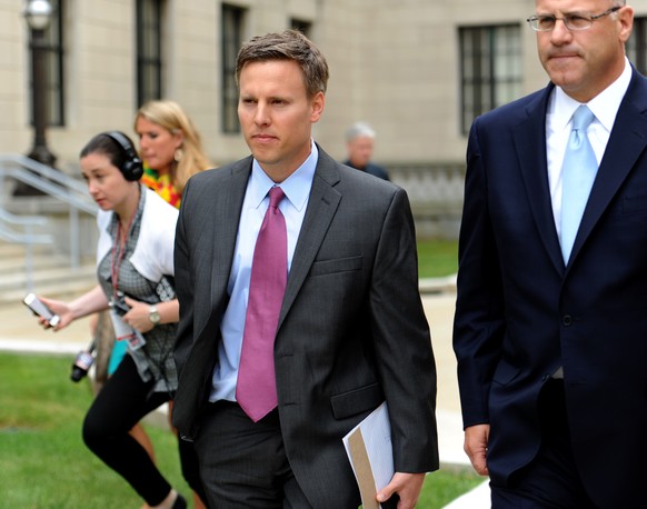 Bill Stepien, , left, former campaign manager for Governor Chris Christie and his attorney Kevin Marino, leave the State House during a lunch break after listening to the testimony of Kevin O&#039;Dow ...