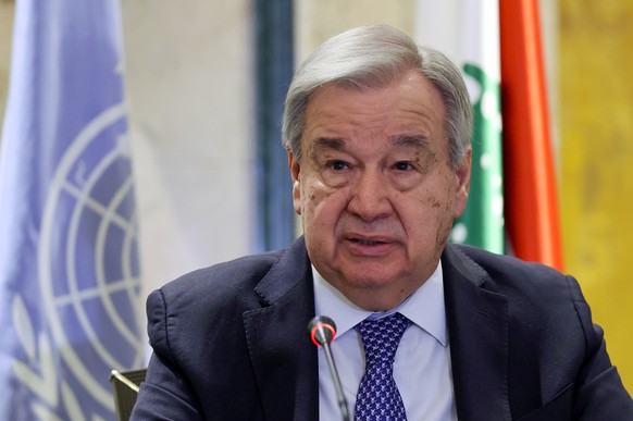 epa12819243 Secretary-General of the United Nations Antonio Guterres speaks during a press conference in Beirut, Lebanon, 14 March 2026. Antonio Guterres arrived in Beirut on 13 March for a three-day  ...