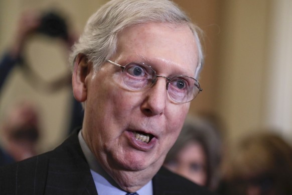 In this Jan. 29, 2019, photo, Senate Majority Leader Mitch McConnell, R-Ky., speaks to reporters at the Capitol in Washington. In a rebuke to President Donald Trump, the Senate has voted 68-23 to adva ...