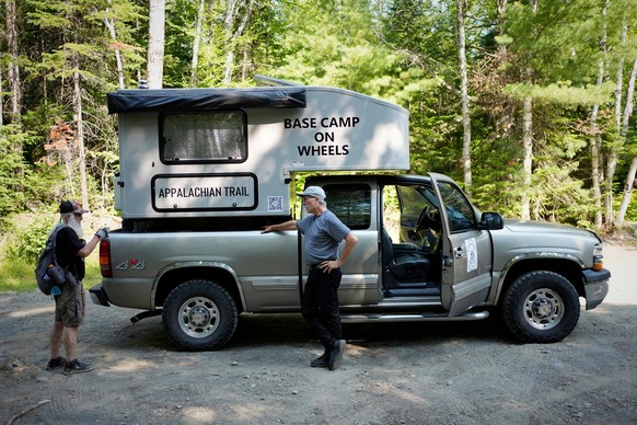 Appalachian Trail hiker Dale Sanders, left, discusses his plans with Dan Faust, a support team member, in Monson, Maine, Monday, July 27, 2026. (AP Photo/Robert F. Bukaty)
Appalachian Trail Oldest Hik ...