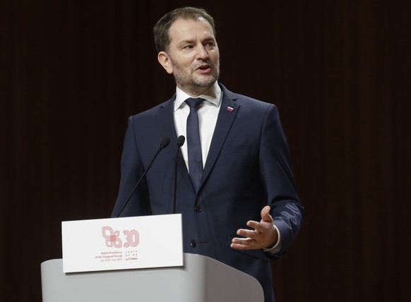 Slovakia&#039;s Prime Minister Igor Matovic speaks during a news conference at a meeting marking 30 years of central Europe&#039;s informal body of cooperation called the Visegrad Group, at a conferen ...