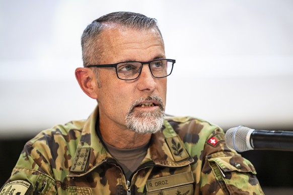 Raynald Droz, Commander of Territorial Division 1, from the Swiss Army, speaks during a press conference, in Ferden Switzerland, Thursday, May 29, 2025. A large part of the village of Blatten, located ...