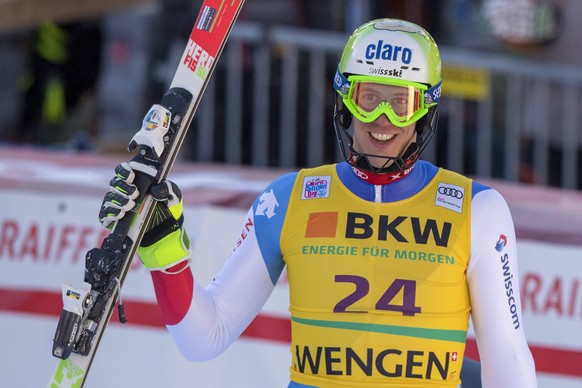 Ramon Zenhaeusern of Switzerland, reacts in the finish area during the second run of the men&#039;s slalom race at the Alpine Skiing FIS Ski World Cup in Wengen, Switzerland, Sunday, January 14, 2018. ...