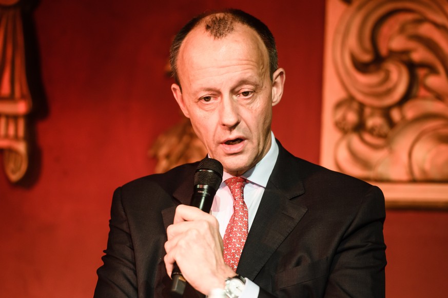 epa08216083 Former Christian Democratic Union (CDU) faction leader Friedrich Merz speaks during an event of Forum Mittelstand (forum for medium-sized businesses) at the Ballhaus Berlin in Berlin, Germ ...