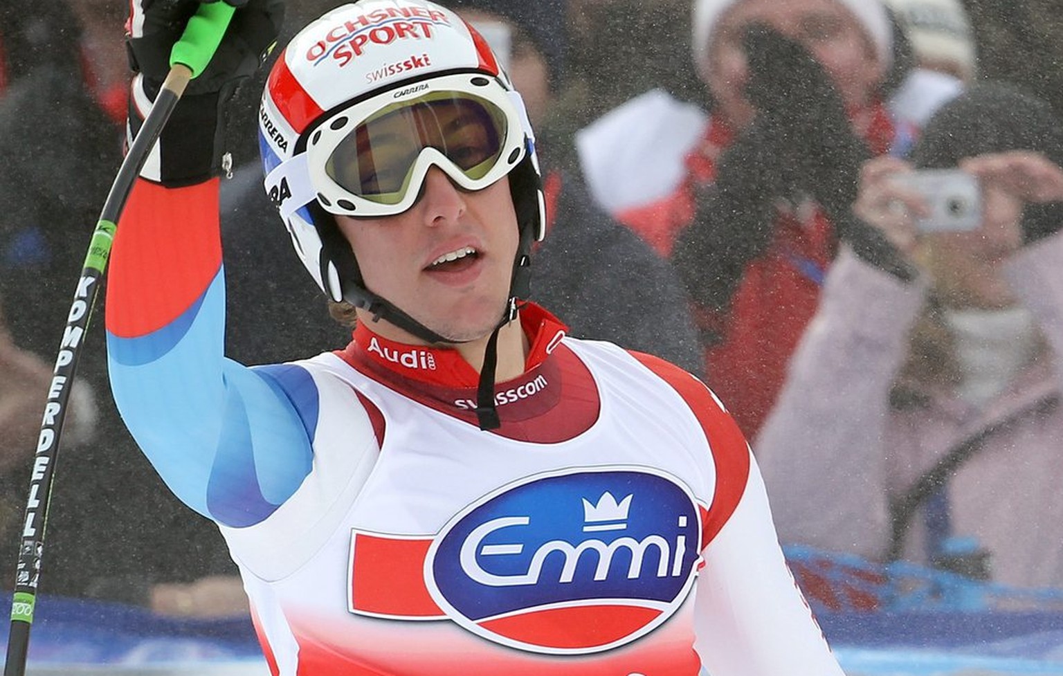 Switzerland ski racer Carlo Janka reacts after winning the men&#039;s Ski World Cup downhill race in Wengen, Switzerland, Saturday, January 16, 2010. (KEYSTONE/Photopress/Alexandra Wey)