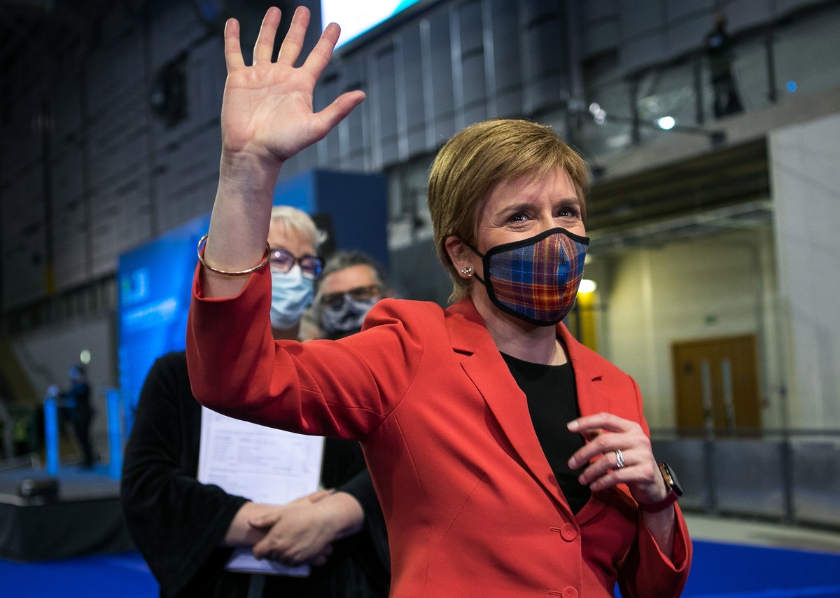 epa09183764 Scotland's First Minister and leader of the Scottish National Party (SNP), Nicola Sturgeon celebrates being declared the winner of the Glasgow Southside seat at Glasgow counting centr ...