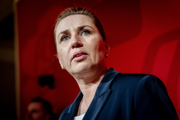 Denmark's Prime Minister and chair of the Social Democrats, Mette Frederiksen, speaks during the election celebration in the Faellessalen at Christiansborg, in Copenhagen, early Wednesday, March  ...