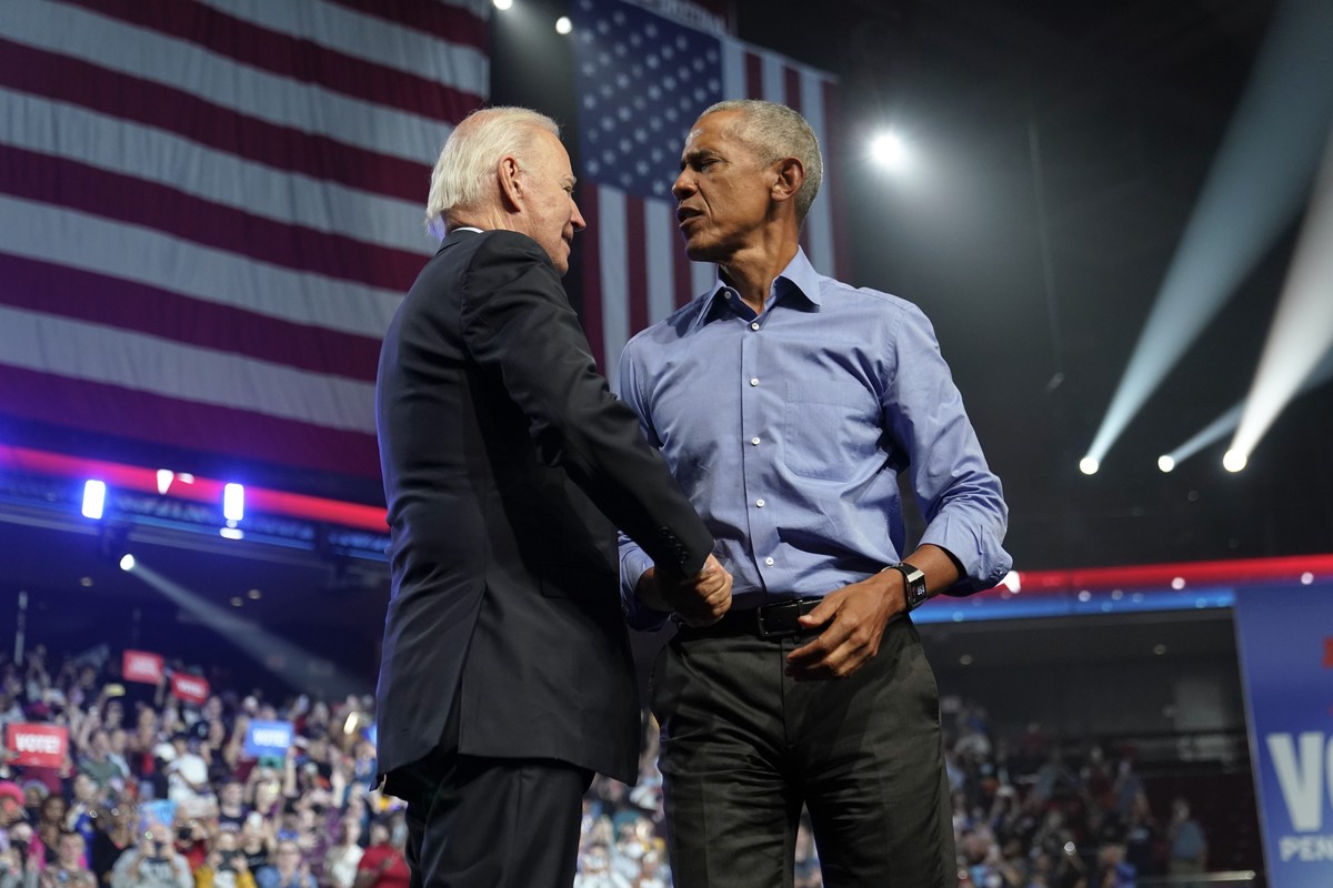 President Joe Biden and former President Barack Obama shake hands after a campaign rally for Pennsylvania's Democratic gubernatorial candidate Josh Shapiro and Democratic Senate candidate Lt. Gov ...