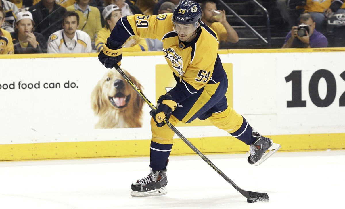 Nashville Predators defenseman Roman Josi, of Switzerland, shoots and scores a goal against the Chicago Blackhawks in the first period of Game 2 of an NHL Western Conference hockey playoff series Frid ...