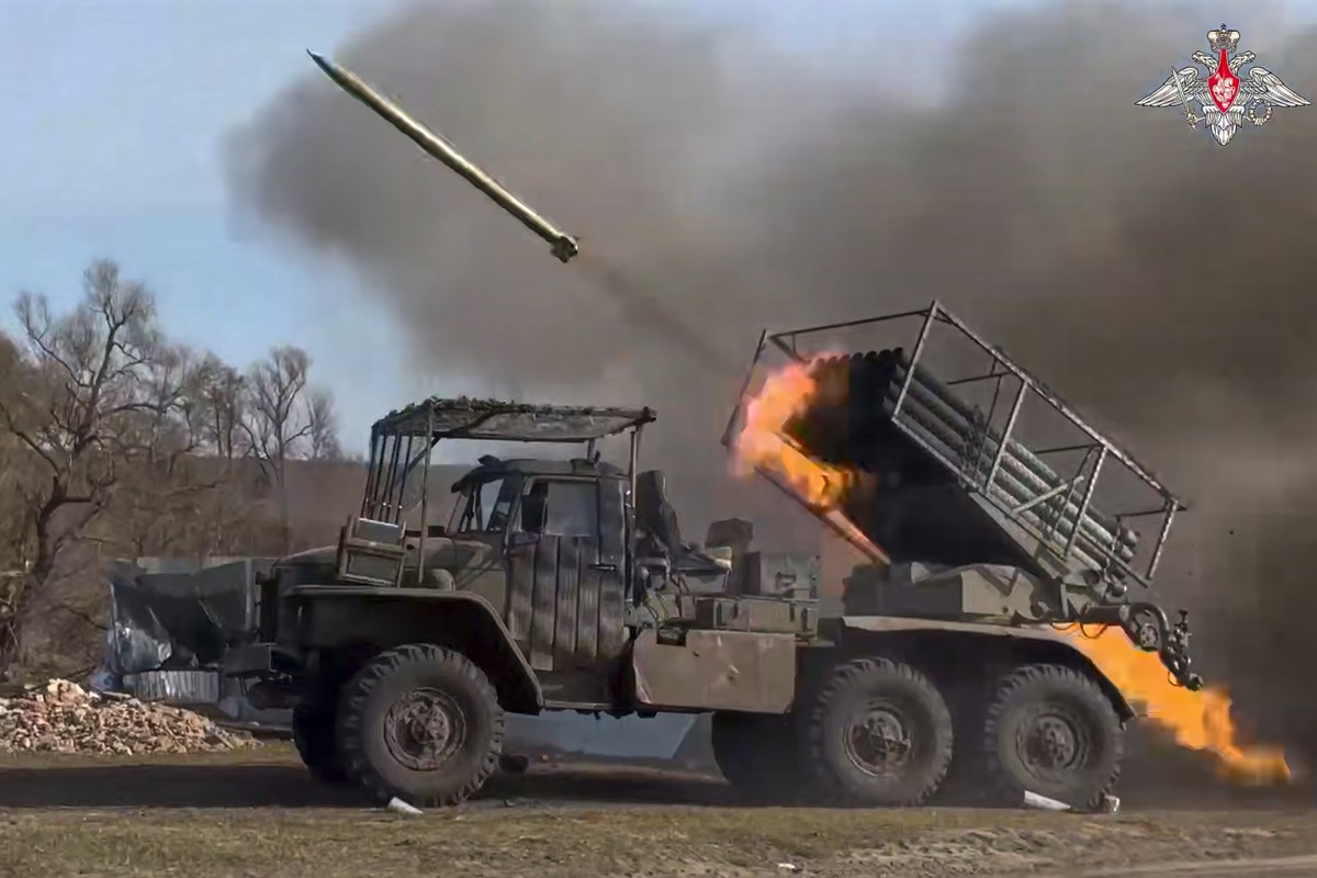 FILE - In this photo, taken from video, released by the Russian Defense Ministry on Wednesday, April 2, 2025, a "Grad" self-propelled 122 mm multiple rocket launcher fires toward Ukrainian p ...