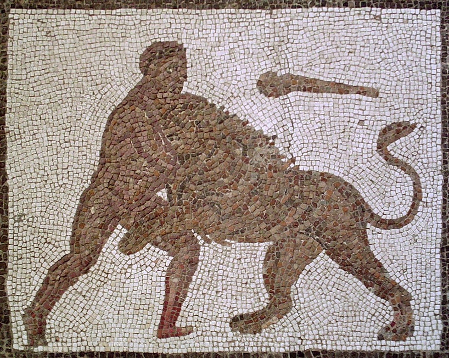 Herakles und der Nemeïsche Löwe. Römisches Mosaik aus Llíria, erste Hälfte 3. Jahrhundert, Provinz Valencia, Spanien. Eine Momentaufnahme par excellence: Wie der Kampf ausgeht, ist offen, und das Mark ...