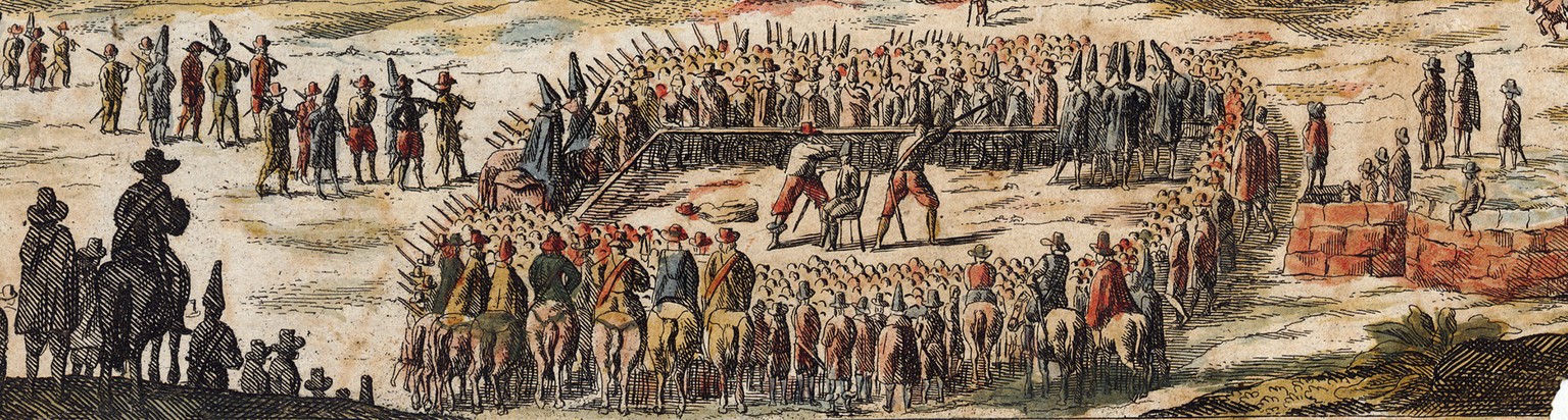 «EXECUTION. geschechen in Basel den 7 vornembsten Rebellen. Baslischen Unterthanen», kolorierte Radierung in den «Frankfurter Relationen», Ostern – Herbst 1653 (Ausschnitt).