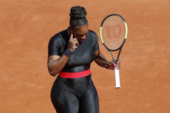 Serena Williams of the U.S. gestures during her first round match of the French Open tennis tournament against Karolina Pliskova of the Czech Republic at the Roland Garros stadium in Paris, France, Tu ...