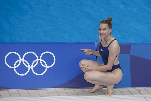 epa09357717 Michelle Heimberg of Switzerland poses for a photo during a training session prior to the start of the Diving competition held at the Aquatics Center during the Tokyo 2020 Olympic Games in ...