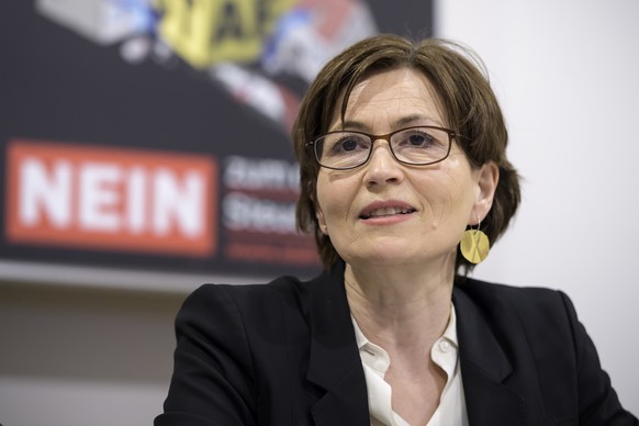 Regula Rytz, Nationalraetin und Praesidentin GRUENE spricht waehrend einer Medienkonferenz zur lancierung der abstimmungskampagne «USR3, STAF: Nein bleibt NEIN», am Donnerstag, 28. Maerz 2019 in Bern. ...