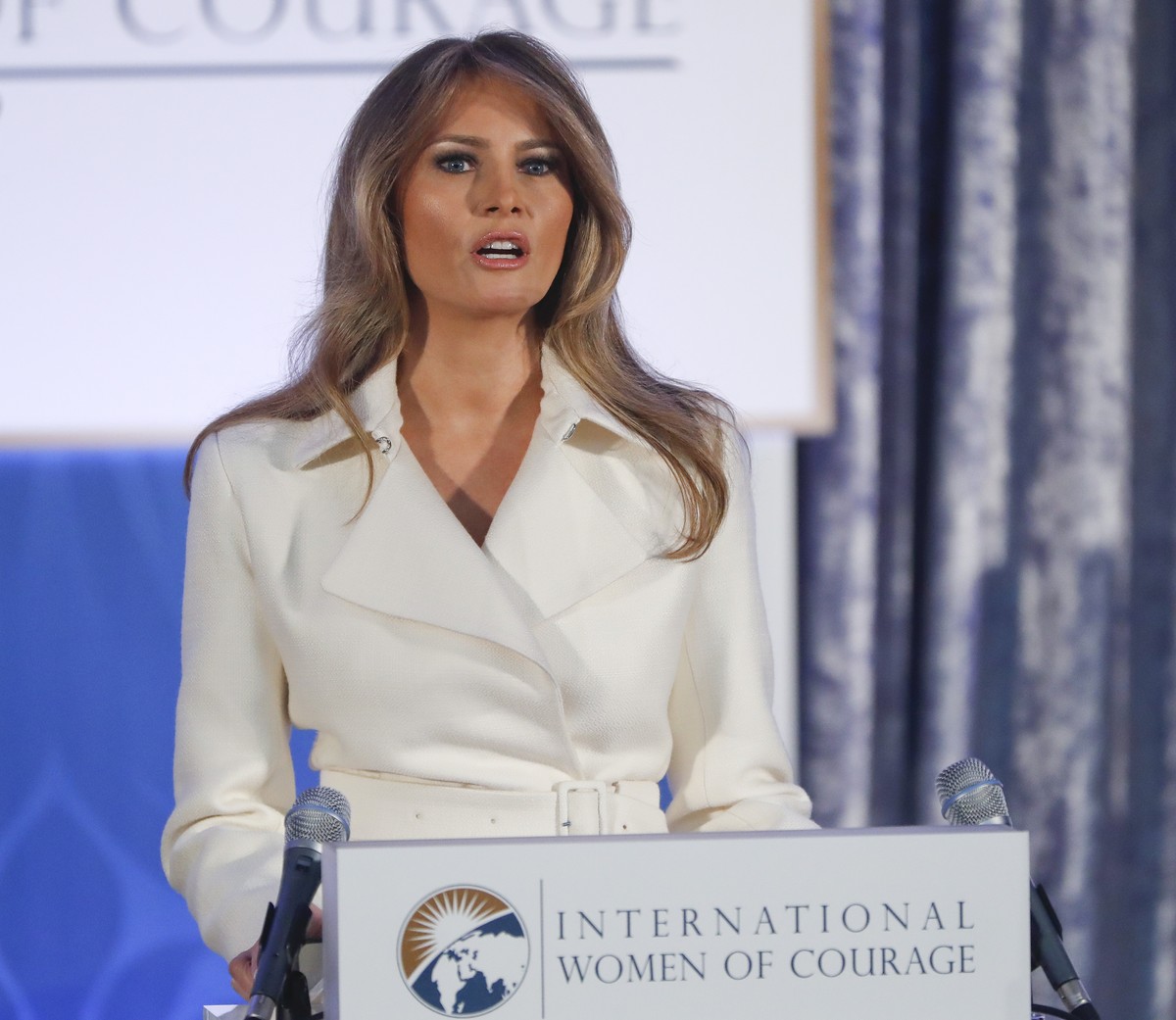 First lady Melania Trump speaks before presenting the 2017 Secretary's of State's International Women of Courage (IWOC) Awards, Wednesday, March 29, 2017, at the State Department in Washingt ...