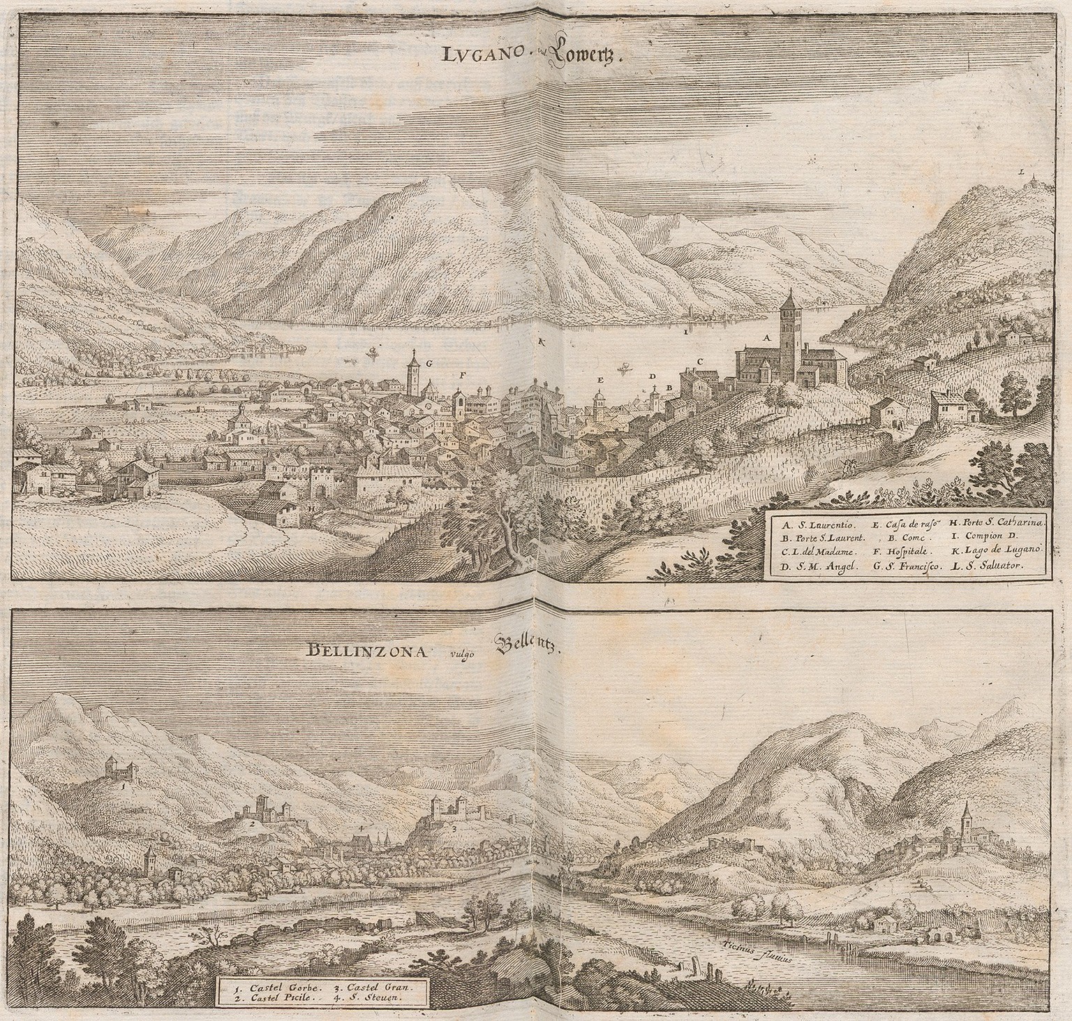 The cities of Lugano and Bellinzona in a woodcut by Matthäus Merian, around 1654. https://ad.e-pics.ethz.ch/catalog/ETHBIB.AD-v1.0/r/16516