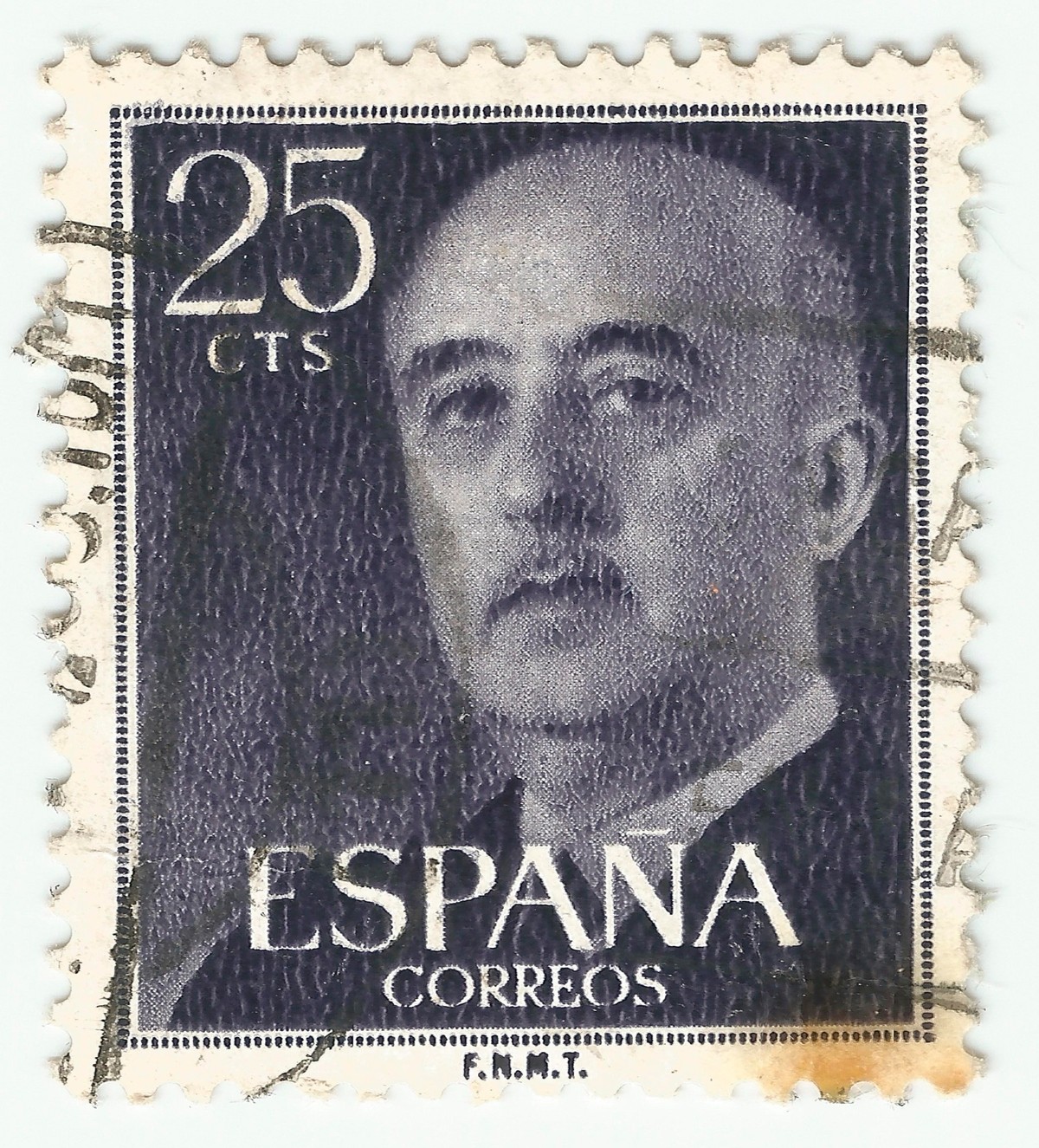 MERIDA, EXTREMADURA, SPAIN; DIC, 01, 2.018 - Stamp showing a portrait of General Francisco Franco 1892-1975. CIRCA 1949