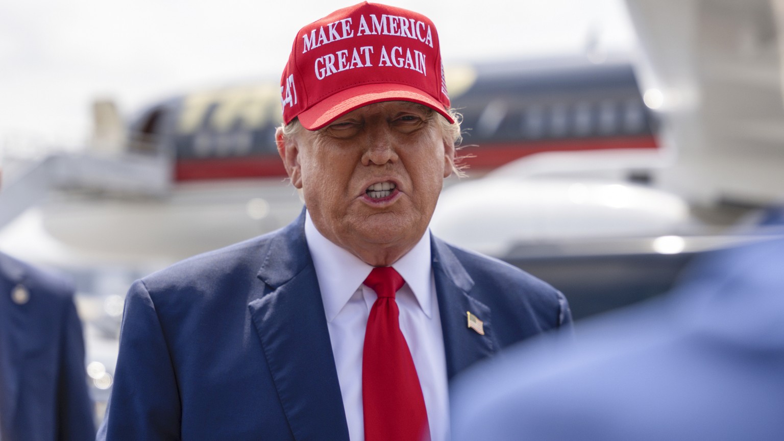 Republican presidential candidate former President Donald Trump speaks Wednesday, April 10, 2024, after arriving in Atlanta. Trump on Wednesday questioned the mental fitness of Jewish voters who back  ...