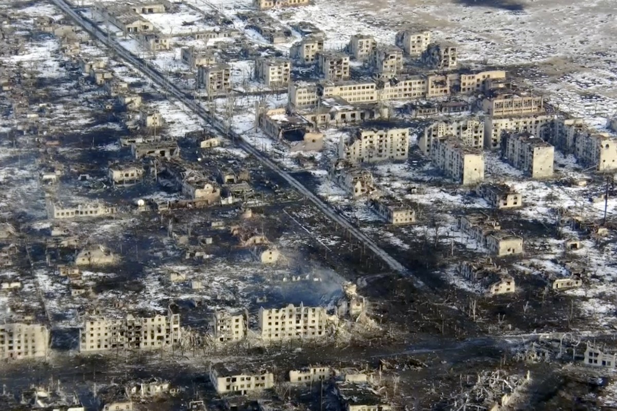 New video footage shot on Feb. 19, 2023 from the air with a drone for The Associated Press shows how particularly intense fighting since the Feb. 24, 2022, invasion has left no building in Marinka int ...