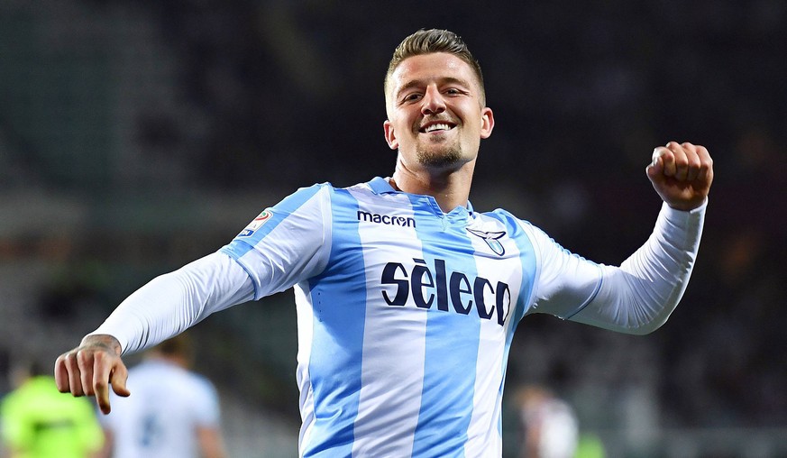 Lazio&#039;s Sergej Milinkovic-Savic celebrates after scoring during the Serie A soccer match between Torino and Lazio at the Olympic Stadium in Turin, Italy, Sunday, April 29, 2018. (Alessandro Di Ma ...