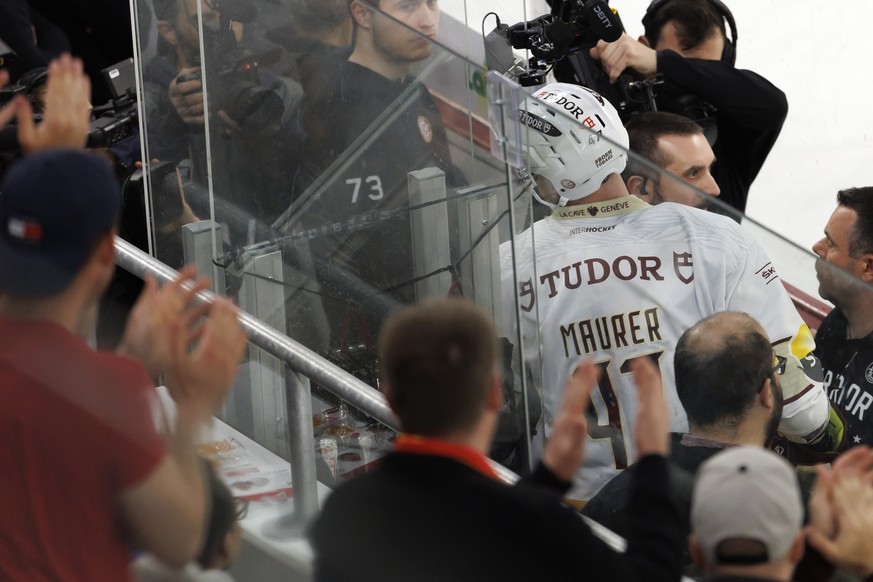 Geneve-Servette&#039;s defender Marco Maurer leaves the rink after receiving a penalty game, during the fourth leg of the National League Swiss Championship final playoff game between EHC Biel-Bienne  ...