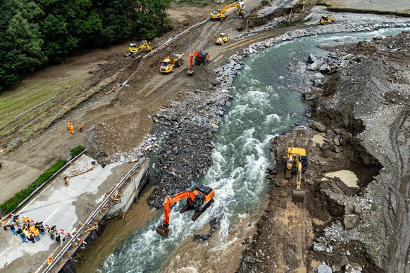 epa11438893 An aerial view of the A13 construction site after the storm in Lostallo, southern Switzerland, 26 June 2024. Massive thunderstorms and rainfall led to a flooding situation with large-scale ...