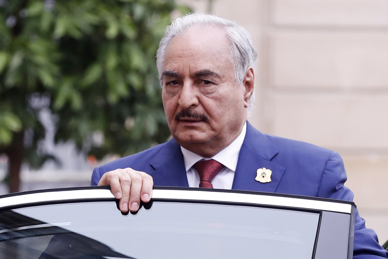 epa07487108 (FILE) - Libya Chief of Staff, Marshall Khalifa Haftar arrives for the international congress on Libya, at the Elysee Palace in Paris, France, 29 May 2018 (reissued 05 April 2019). Accordi ...
