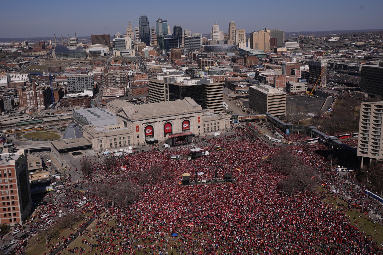 The Kansas City Chiefs celebrate during their victory parade in Kansas City, Mo., Wednesday, Feb. 14, 2024. The Chiefs defeated the San Francisco 49ers Sunday in the NFL Super Bowl 58 football game. ( ...