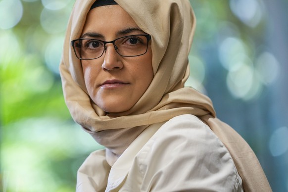 Hatice Cengiz, the fiancee of murdered Saudi journalist Jamal Kashoggi, poses for a photograph during an interview with The Associated Press in Istanbul, Turkey, Thursday, July 14, 2022. Cengiz descri ...