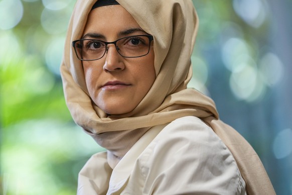 Hatice Cengiz, the fiancée of slain Saudi journalist Jamal Kashoggi, poses for a photo during an interview with The Associated Press in Istanbul, Turkey, Thursday, July 14, 2022. Cengiz describes…