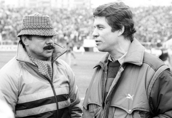 Bildnummer: 14036175 Datum: 09.03.1985 Copyright: imago/Pressefoto Baumann
Die Trainer Klaus Schlappner (SV Waldhof Mannheim, li.) und Otto Rehhagel (SV Werder Bremen); Fussball ORD2601c xdp yoh 1984/ ...