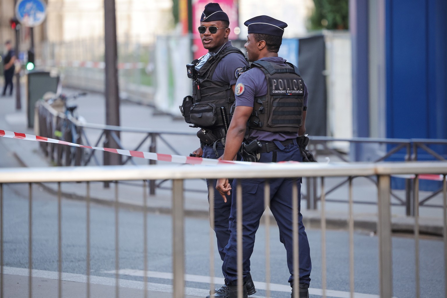 epa10724928 Police officers stand near the venue of the &#039;One Year to Go Paris 2024&#039; (Dans un An Les Jeux Paris 2024) concert, held amid massive police presence following days of violent prot ...