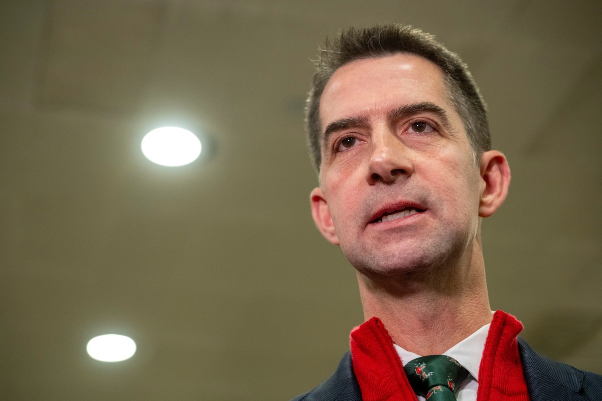 Sen. Tom Cotton, R-Ark., speaks to reporters following a classified briefing for top congressional lawmakers overseeing national security as they investigate how Defense Secretary Pete Hegseth handled ...