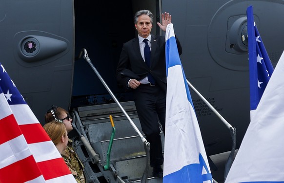 U.S. Secretary of State Antony Blinken disembarks from an aircraft as he arrives in Israel in Tel Aviv Friday, March 22, 2024. (Evelyn Hockstein/Pool Photo via AP)