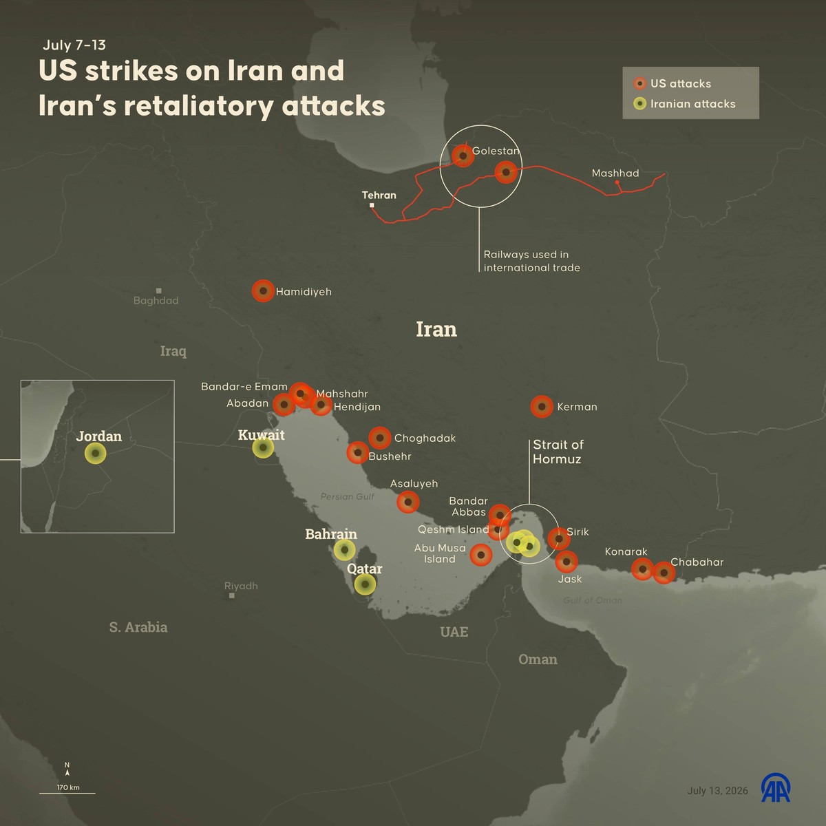 US strikes on Iran and Irans retaliatory attacks ANKARA, TURKIYE - JULY 13: An infographic titled US strikes on Iran and Irans retaliatory attacks created in Ankara, Turkiye on July 13, 2026. Omar Zag ...
