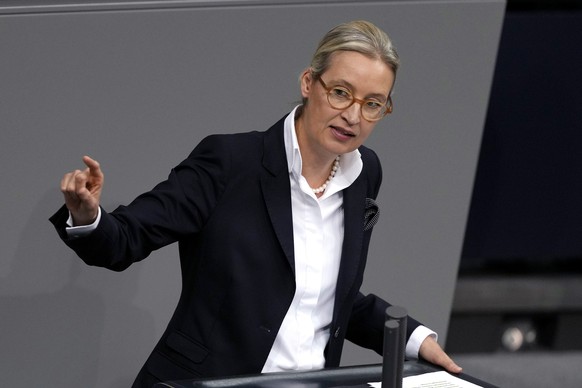Leader of right wing AfD Alice Weidel speaks during a plenary session at the German parliament Bundestag where he faces a vote of confidence, Berlin, Germany, Monday, Dec. 16, 2024. (AP Photo/Markus S ...