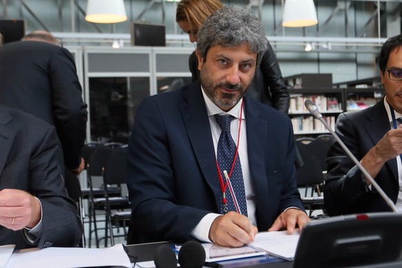 epa07822699 Italian Lower Chamber President Roberto Fico (C), attends a meeting during the G7 parliaments summit in Brest, western France, 06 September 2019. The leaders of parliament of the Group of  ...