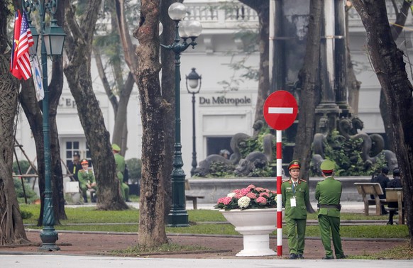 epa07400291 Security personnel stand guard in front of Sofitel Legend Metropole Hanoi hotel, where the US President and the North Korean leader are expected to meet for the second US-North Korea summi ...