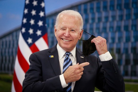 epa09269933 US President Joe Biden meets with NATO Secretary General Jens Stoltenberg (not pictured) during a NATO summit at the North Atlantic Treaty Organization (NATO) headquarters in Brussels, Bel ...