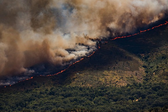 A wall of flames advances as a wildfire burns near Burgohondo, in Ávila province, Spain, Thursday, July 23, 2026. (Mateo Lanzuela/Europa Press via AP)
Spain Wildfires
