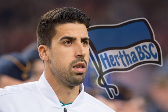 FOTOMONTAGE: Sami KHEDIRA vor Wechsel zu Hertha BSC. Archivfoto: Sami KHEDIRA GER, Aufstellung, Line Up, Praesentation, Prosentation, Brustbild, singt die Nationalhymne, singend, Fussball Laenderspiel ...