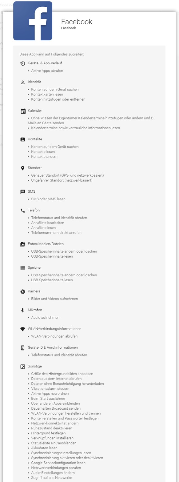 Notfallplan enthüllt: Facebook machte Android-Nutzer heimlich zu Versuchskaninchen
Dreist von Facebook...
Aber die App installiert man auch einfach nicht. Nur schon die ganzen Berechtigungen, die sie ...