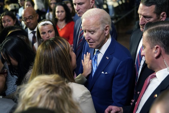 President Joe Biden greets the audience after speaking about his administration&#039;s plans to protect Social Security and Medicare and lower healthcare costs, Thursday, Feb. 9, 2023, at the Universi ...