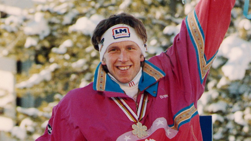 Ski Hansjörg Tauscher wird 1989 vor Peter Müller AbfahrtsWeltmeister