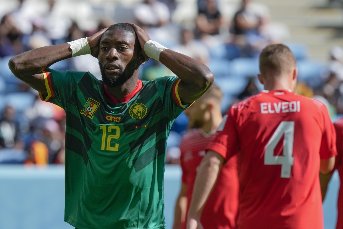 Cameroon's Karl Toko Ekambi gestures after missing a chance during the World Cup group G soccer match between Switzerland and Cameroon, at the Al Janoub Stadium in Al Wakrah, Qatar, Thursday, Nov ...