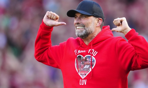 Liverpool&#039;s manager Jurgen Klopp reacts after the English Premier League soccer match between Liverpool and Wolverhampton Wanderers at Anfield Stadium in Liverpool, England, Sunday, May 19, 2024. ...