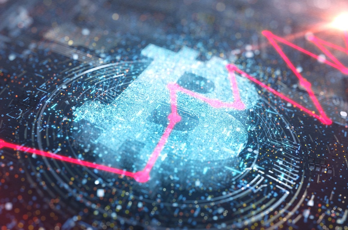 Bitcoin logo of an abstract glowing particle on circuit board and rising red color graph.