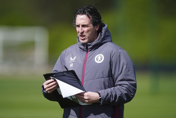Aston Villa&#039;s manager Unai Emery attends a training session in, Birmingham, England, Wednesday, April 17, 2024. Aston Villa will face OSC Lille for a Europa Conference League, quarter final secon ...